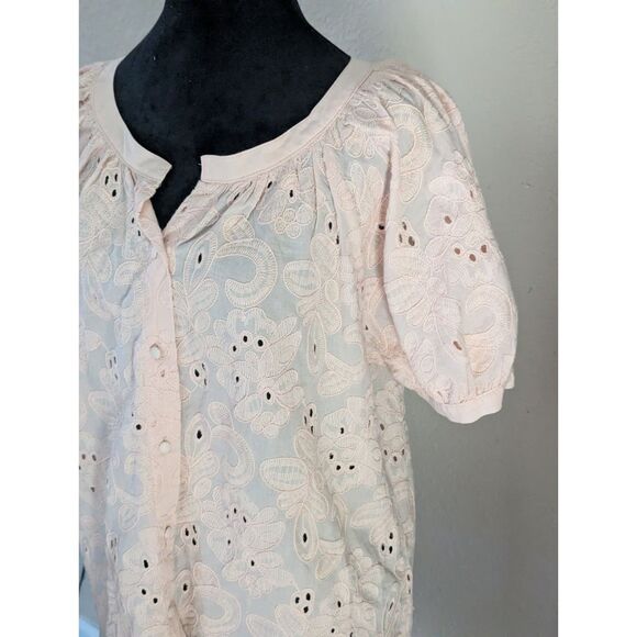 CALYPSO St. Barth Blouse M 100% Cotton Eyelet Pink Resortwear Puff Sleeve Tunic - Picture 2 of 8